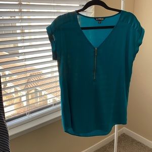 Teal silk top with gold zipper